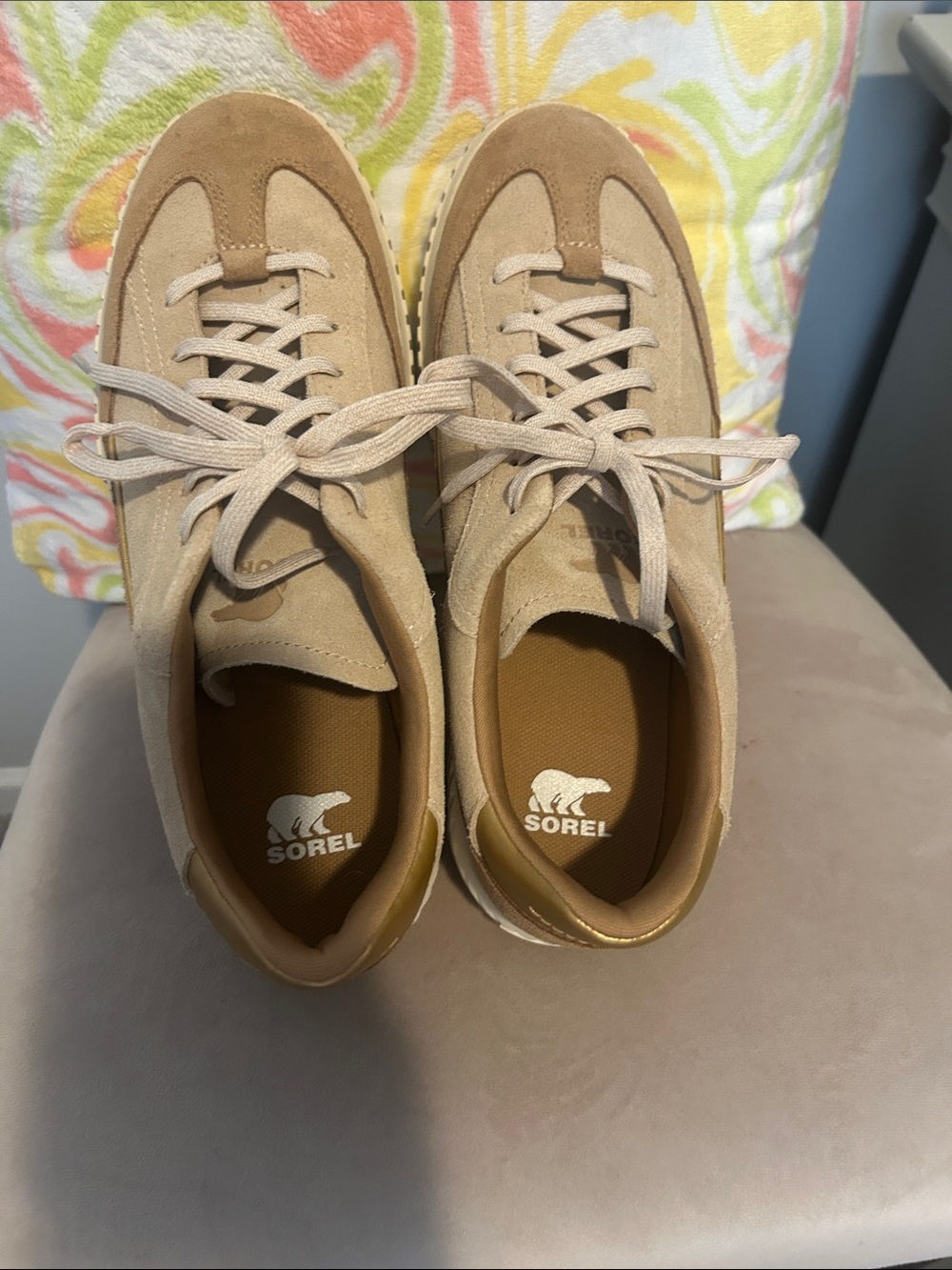 Sorel Women's Beige/Tan and Gold Suede Platform Sneakers - Picture 4 of 12